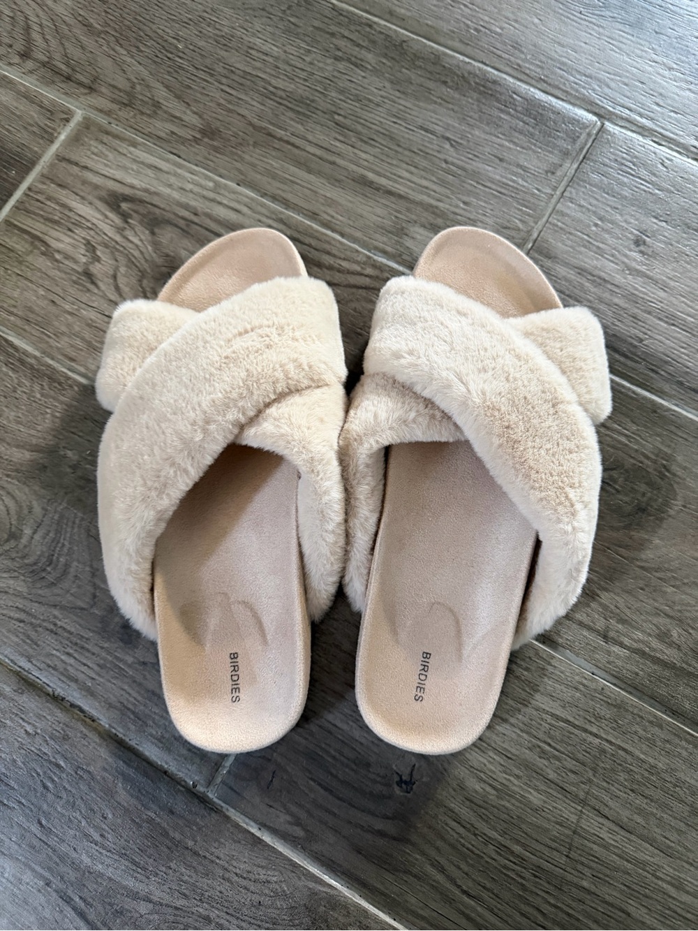 Birdies Cream Plush Cross-Band Slide Slippers